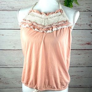 Vintage Polo Jeans Co Pink Halter Top with Cream Crochet Trim